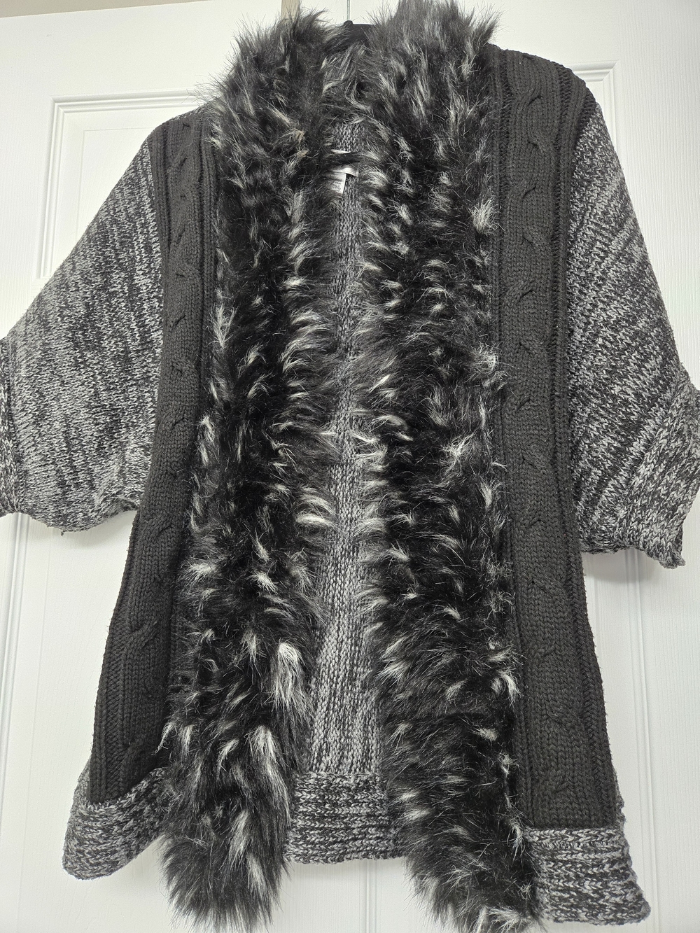 Cozy Faux-Fur Trim Open Cardigan - Charcoal Gray
